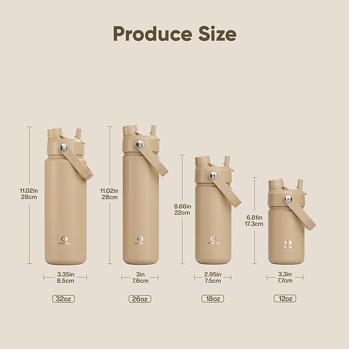 Kids Insulated Water Bottle with Straw - 12oz Stainless Steel Water Bottle with Dual Spouts, Leak-Proof, BPA-Free, Double Wall Vacuum Keeps Cold for 24 Hours for Sports, Travel, School (Indian Khaki)
