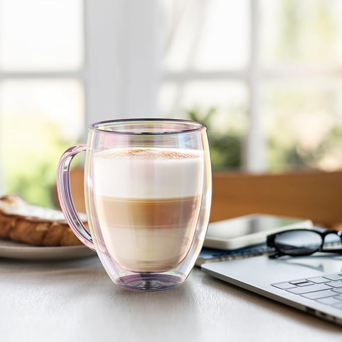 Double Wall Glass Coffee Mugs Set of 2, 12 Oz Coffee Mugs with Handle Clear Iridescent Glass Cups, Perfect for Espresso, Cappuccino, Latte, Americano, Tea Bag, Beverage
