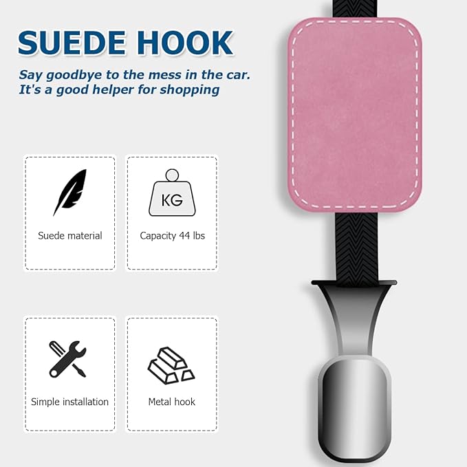 AUCELI Car Seat Headrest Suede Hook, 2 Pack Auto Seat Back Hooks, Suede Storage Organizer with Metal Hanger, Vehicle Backseat Hangers, Creative Interior Accessories for Hanging Grocery Purse (Pink)