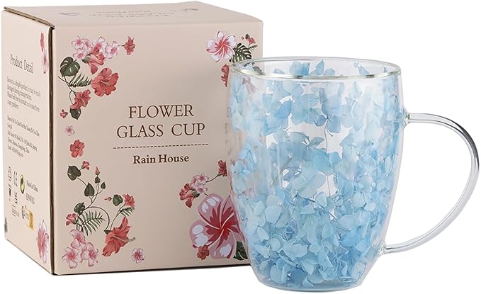 Double Glass Flower Tea Cup, Aesthetic Preserved Flower Cup, Cute Insulated Tea Cup with Handle, Heat Resistant & Lead-free Coffee Mugs, Gifts for Birthday Mother's Day, Perfect for Women Wife Mom (G)