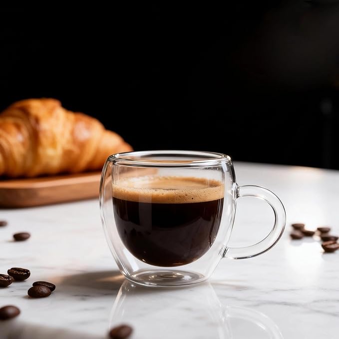 2.5oz Espresso Cups Set of 4, Small Expresso Coffee Cup, Expresso Shot Glass with Handle, Double Wall Insulated Espresso Mugs,Tazas de Cafe Expreso, Fit for Espresso Machine Accessories, Clear