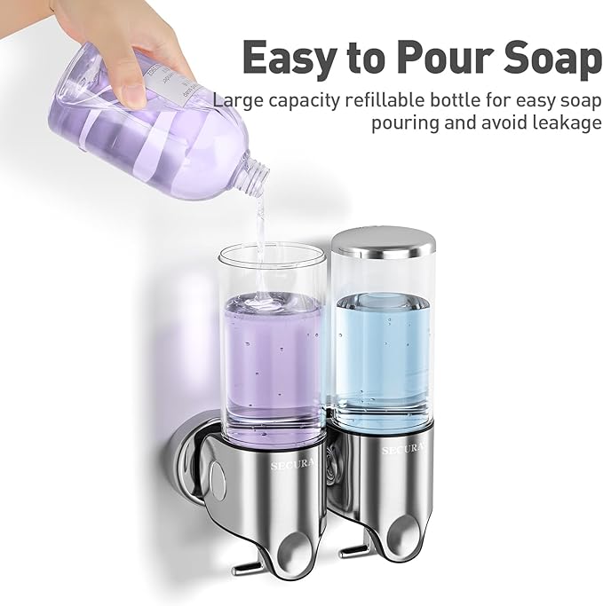 Secura Double Wall Mounted Soap Dispenser, 2 x 17 fl oz Shampoo and Soap Dispensers Perfect for Home & Kitchen (Stainless Steel)