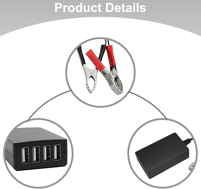 4-Port USB Charger 12V/24V to 5V with Battery Clip, Multiport Adapter for Car, Fast Charging 18W, 8-35V Input, Overcharge Protection