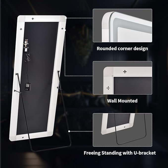 VooBang 64"x21" LED Mirror Full Length - Floor Body Mirror with Dimmable Lights - 3 Color Modes, Standing Leaning Wall Mounted for Bedroom, Dressing Room