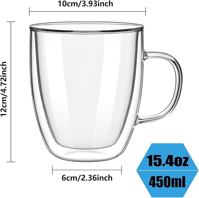 Double Wall Glass Coffee Mugs 350ml / 12oz – Set of 2 Insulated Clear Cups for Espresso, Latte, Cappuccino, Tea, Hot or Cold Drinks (15oz set of 4)
