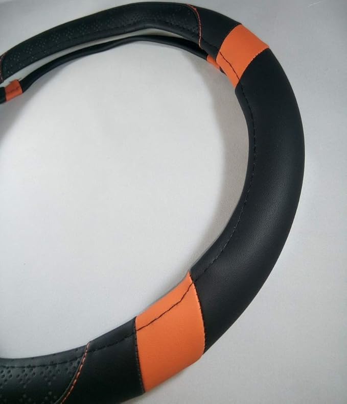 Jdragon Black & Orange PU Leather Best Grip Slip-On Steering Wheel Cover 14.25-15" Diameter