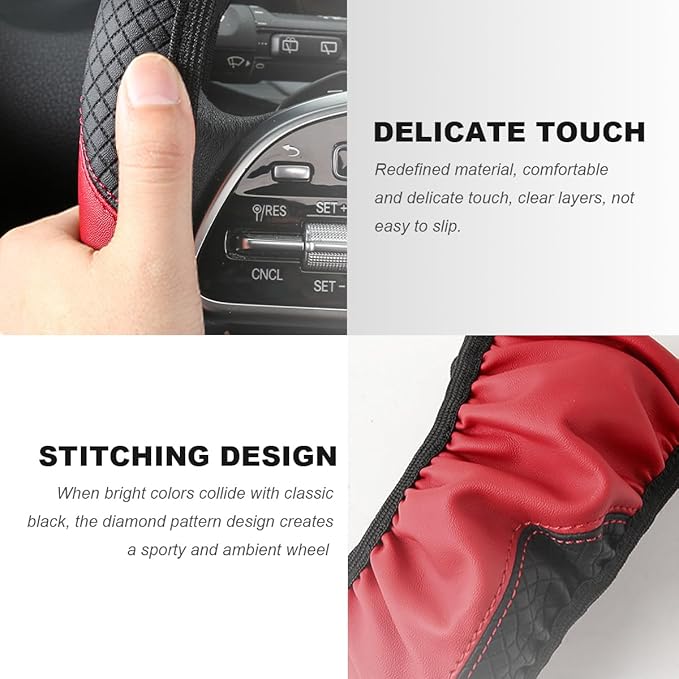 Car Steering Wheel Cover, 15 Inch Carbon Fiber Elastic Vehicle Steering Wheel Protector, Breathable Leather Auto Wheel Covers for Women Men, Interior Car Accessories (Black & Red, AD)
