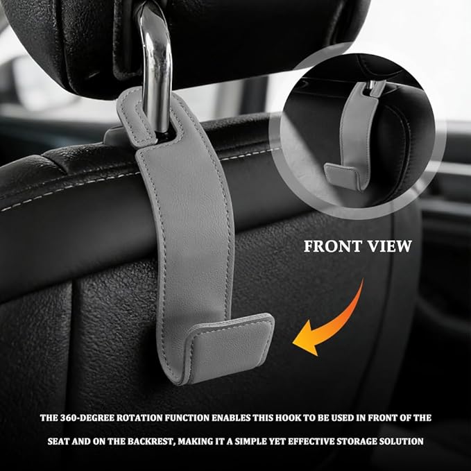 2PCS Purse Holder for Car, Purse Hook for Car, Leather Headrest Hooks for Automotive Back Seat, Auto Accessories Back Seat Organizer Hook for Grocery Bag Handbag Coat (Grey, 2PCS)