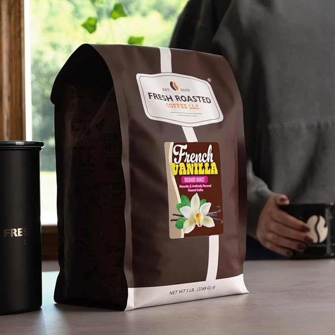 Fresh Roasted Coffee, French Vanilla Flavored Coffee, 5 lb (80 oz), Medium Roast, Kosher, Ground