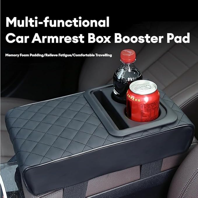 Center Console Booster Cover Car Armrest Box Pad Leather Arm Rest Cushion with Cup Holder Mobile Phone Storage Armrest Protection Pad for Car (Pure Coffee, 13.58 * 8.07 * 2.95 inch)