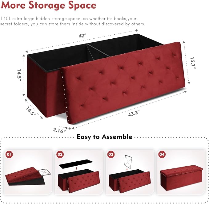B FSOBEIIALEO Luxury Velvet Fabric Storage Ottoman Bench, Extra Large 140L Toy Chest Storage Boxes Footrest Bench for Bedroom, 43 Inches Red