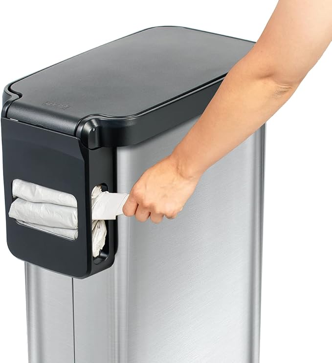 Glad Slim Trash Can with Clorox Odor Protection - Narrow Kitchen Garbage Bin with Soft Close Lid, Step On Foot Pedal and Waste Bag Roll Holder, Stainless Steel, 12 Gallon/45 Liter