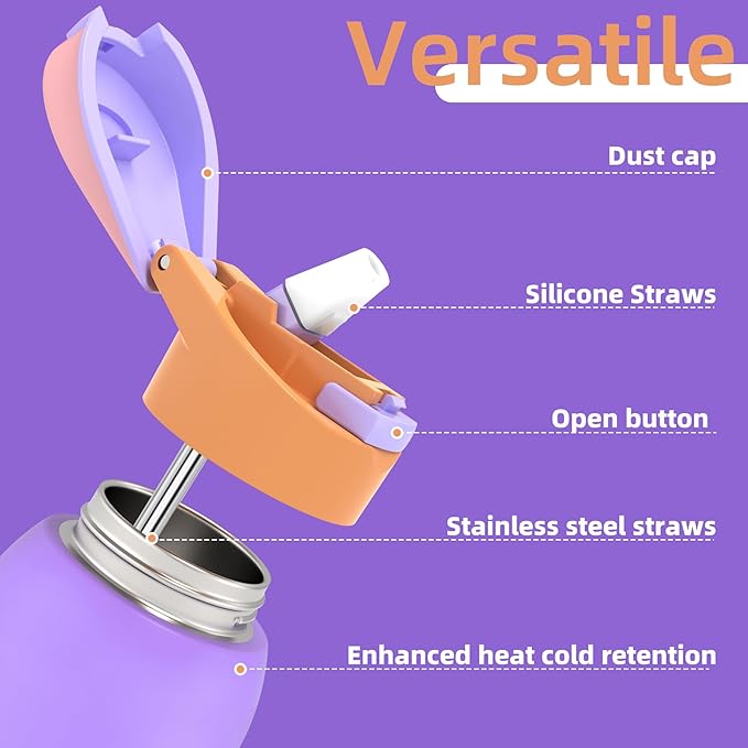 koodee 24oz Free-sip Insulated Stainless Steel Water Bottles with Soft Straw,Quick Flip GO Bounce cup Thermo-flask,Pop & Fill Double-Wall Vacuum Bottle,for Sports & Travel,BPA-Free (Peach Lavender)