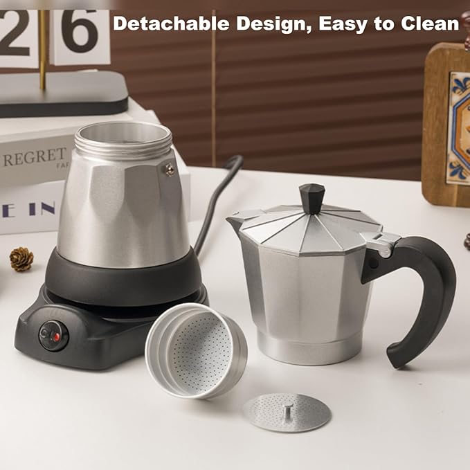 Electric Moka Pot, Aluminum Espresso Coffee Pot, 6 Cup Italian Coffee Maker with Detachable Base, Portable Electric Coffee Maker for Home & Travel