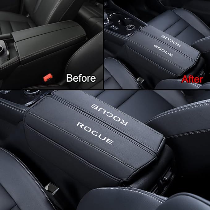 XITER 1PC Leather Center Console Armrest Cover with Side Pockets for Nissan Rogue 2021 2022 2023 2024 2025 2026 Accessories(Black Stitches)
