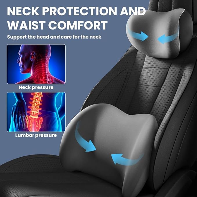 Car Headrest & Lumbar Support Cushion, 2025 Upgrade Car Lumbar Support Pillow and Car Neck Pillow Kit, Ergonomic Car Seat Headrest & Lumbar Cushion for Neck Back Pain Relief (Grey)