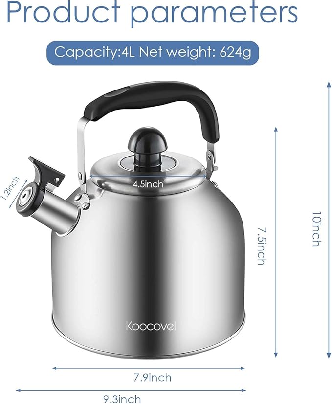 4.2 Quart/4L Large Whistling Tea Kettle, 304 Stainless Steel Brushed Satin, Fast Boil for Induction & Gas Stoves