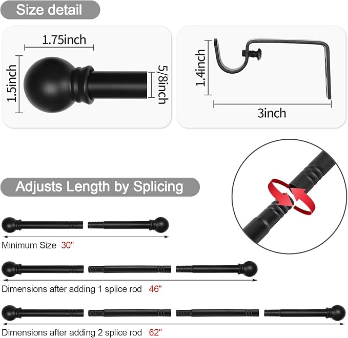 Thestoa Black Curtain Rods 2 pack for Windows 30-62 inch Adjusts Length by Splicing, 5/8" Diameter Matte Black Small Curtain Rods for Bedroom, Living Room, Kitchen, Outdoor, Farmhouse