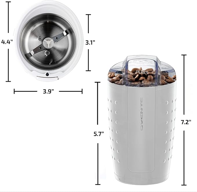 OVENTE Electric Coffee Grinder, Coffee Mill and Spice Grinder with 2.5oz Capacity, 150W Motor, One Touch Push-Button & Stainless Steel Blades for Uniform Grinding of Beans, Herb or Nuts, White CG225W