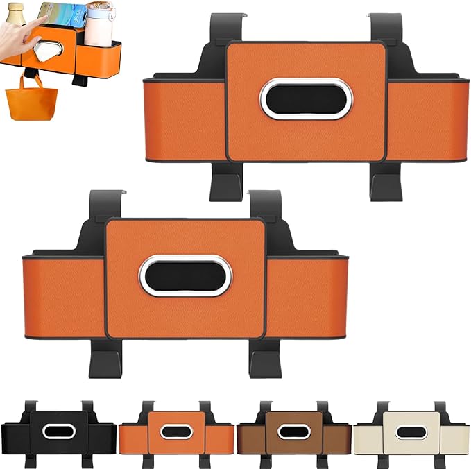 Car Organizers and Storage Box, Car Headrest Organizer Back Seat, Car Multifunctional Seat Back Waterproof Storage Bag, Car Seat Back Storage Box with 2 Cup Holders＆hooks (Orange, 2pcs)