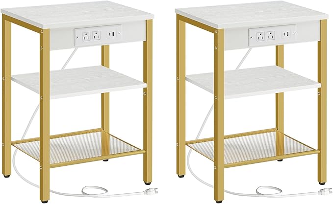 HOOBRO Side Tables Set of 2 with Charging Station and USB Port, Small End Tables for Small Space, 3-Tier Nightstands with Adjustable Shelf, for Living Room, Bedroom, White and Gold DW112BZP201G1