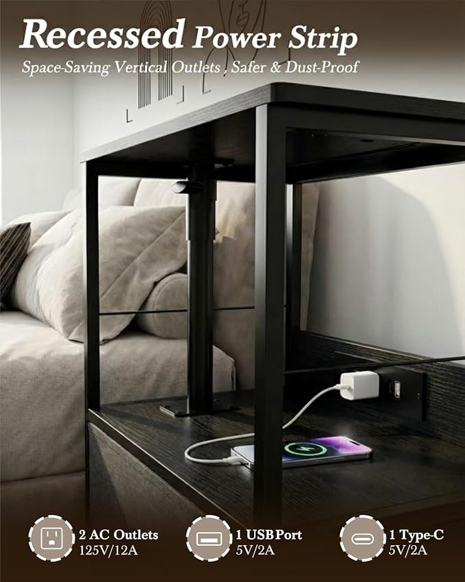 Faesun Swivel Lift Top Nightstand with Charging Station, Rolling Side Table for Recliner, Bedside Table with Wheels & 2 Fabric Drawers, for Small Spaces, for Bedroom, Living Room, Black Gray