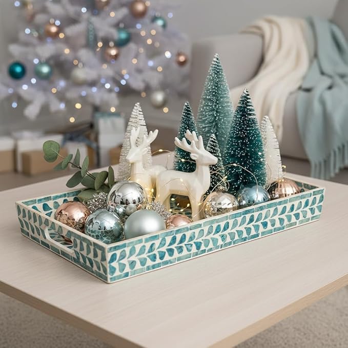 PEMAR Rectangular Mother of Pearl Serving Tray Nacre Wood Lap Ottoman Tray for Coffee Table, Luxury Decorative Handmade Eating Platters w Insert Handles (Teal Floral Pattern)