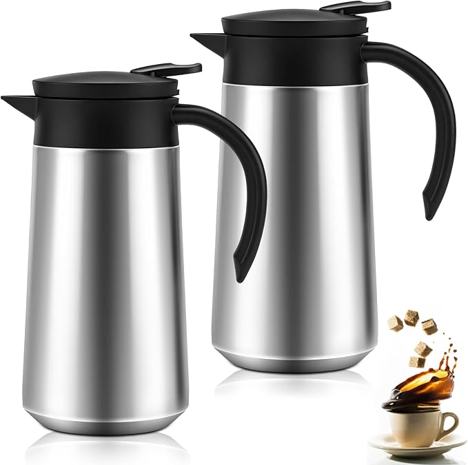 2 Pcs 27oz Thermal Coffee Carafe Stainless Steel Coffee Pot for Keeping Hot/cold Insulated Double Walled Vacuum Tea Pot with Press Button Drink Beverage Dispenser for Milk Tea(Silver)