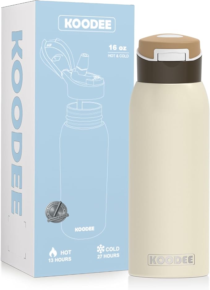 koodee Kids 16oz Free-sip Insulated Stainless Steel Owal Water Bottles with Soft Straw,Quick Flip GO Bounce Cup Thermo-flask,Pop & Fill Double-Wall Vacuum Bottle,for School, Sports,Travel(Cream)