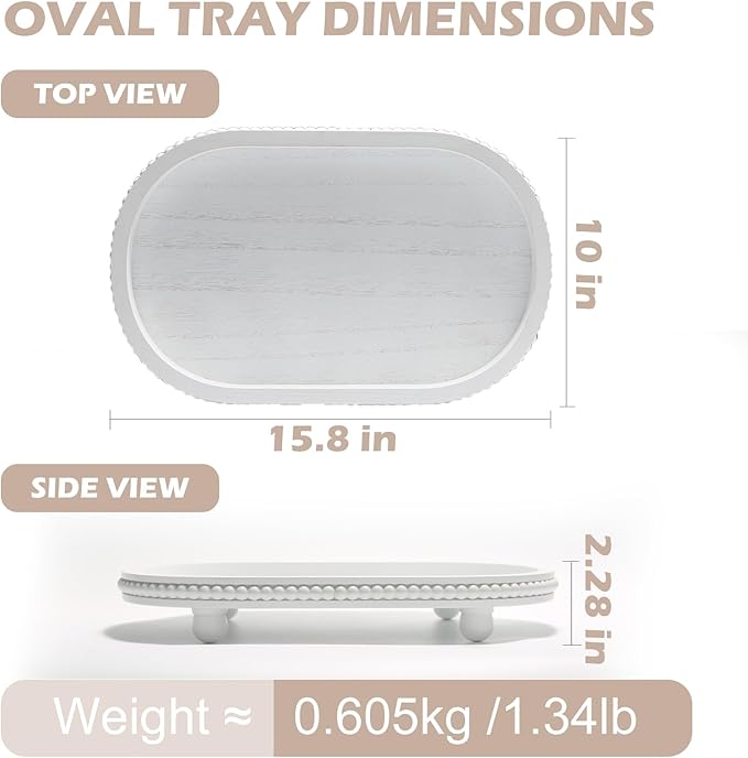 Wooden Decorative Tray for Home Decor, Beaded White Oval Tray Decor for Coffee Table, Rustic Wood Serving Trays Farmhouse Centerpieces for Living Room Kitchen Counter (White Oval)