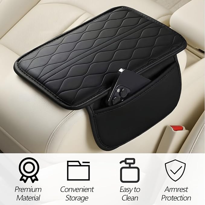 HZEL Car Center Console Cover, Scratch & Wear Resistant Soft Leather Vehicle Armrest Seat Box Cushion Pad with 2 Storage Bag, Waterproof Automotive Interior Protector, Universal Fit (Black)