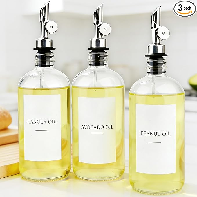 3PCS Oil Dispensers with Labels 16.23oz Kitchen Cooking Glass Bottles Containers with 304 Stainless Steel Automatic Pump Heads Anti-Corrosion & Rustproof