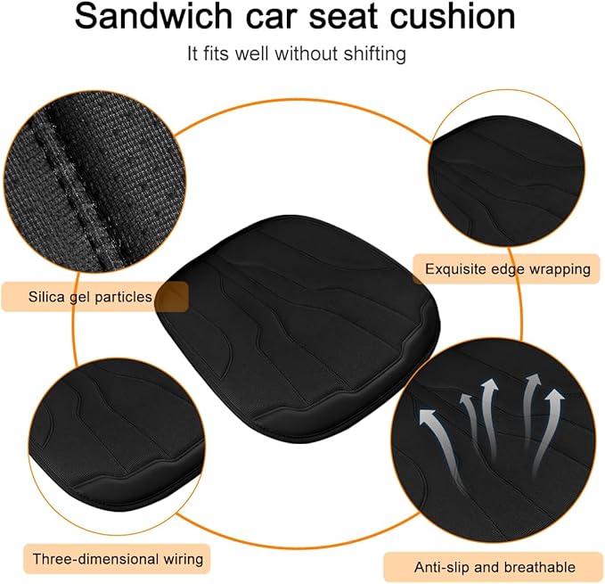 Car Seat Cushion Pad, Comfortable Foam Non-Slip Vehicle Front Seat Bottom Protector for Back Pain Relief, Breathable Automotive Chair Covers, Universal for SUV RV Truck (Black)