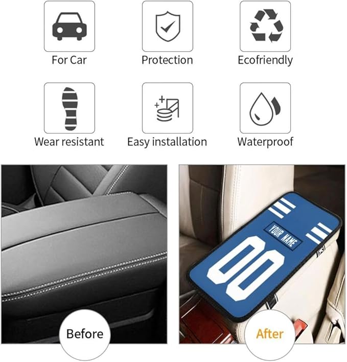 Custom Car Armrest Cover,Add Personalized Name and Number As Gifts for Loyal Football Fans,American Football Auto Center Console Pad Car handrail Box Cushion,Fit for Most Car Seat Box Cover Protector