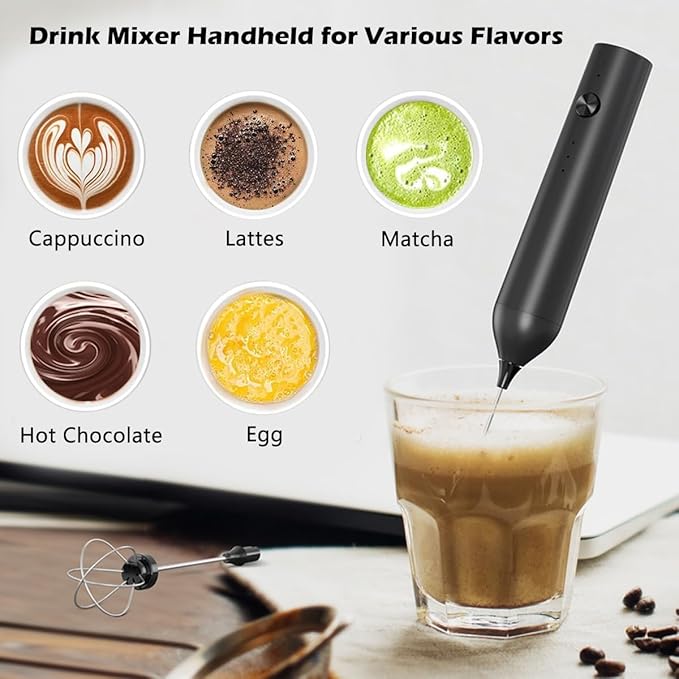 Rechargeable Milk Frother Wand with Stand-Electric Whisk 3 Speed Adjustable,Drink Mixer Handheld with 2 Stainless steel Stirrers,Hand Coffee Frother for Lattes Cappuccino Protein Powder Egg