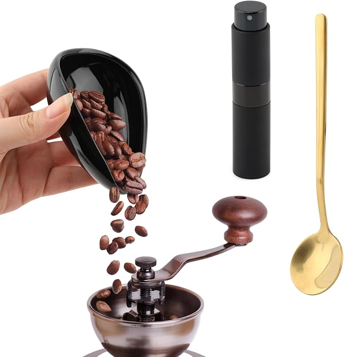 Ceramic Coffee Bean Dosing Cup & Spray Bottle & Spoon Set - Wood Espresso Accessories Kit with Static Reduction Spray, Measuring Tray for Coffee/Tea ﻿(COLOR:Black)