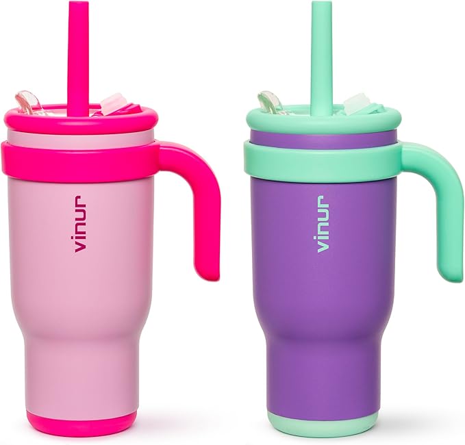 VINUR Insulated Tumbler with Handle 17 oz Stainless Steel Double Wall Vacuum Tumbler Travel Water Cup with Lid and Straw(Purple Pink-Purple)