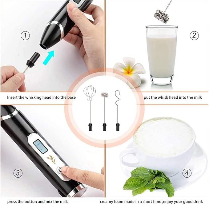 Milk Frother Handheld USB Rechargeable LCD Electric Milk Frother Adjustable 3 Speeds Hand Milk Foam Maker Mini Blender Drink Mixer for Bulletproof Coffee, Hot Chocolate, Matcha, Frappe, Egg Whisks