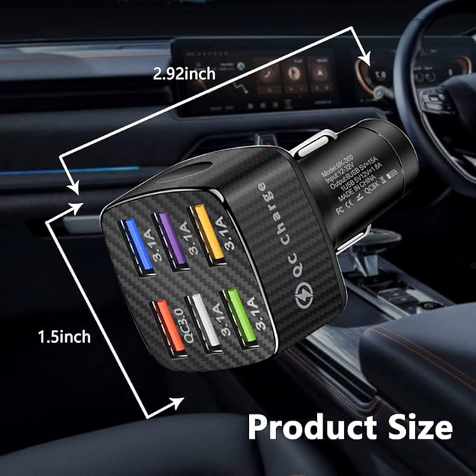 Fast Charging 6 Ports Car Phone Charger Adapter,QC3.0/3.1A Type Smart Shunt Cigarette Lighter USB Charger Compatible with iPhone 14 13 12,S22 S21 S20,iPad Pro& All Mobil Phone (Black)