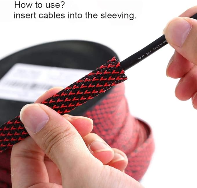 100ft - 1/4 Inch Cable Management Sleeve Protector,Wire Loom PET Expandable Wire Sleeving for Office TV Computer Home Theater Engine Bay Cord Organizer,Protect Cables from Pet Cat Dog Chewing,BlackRed