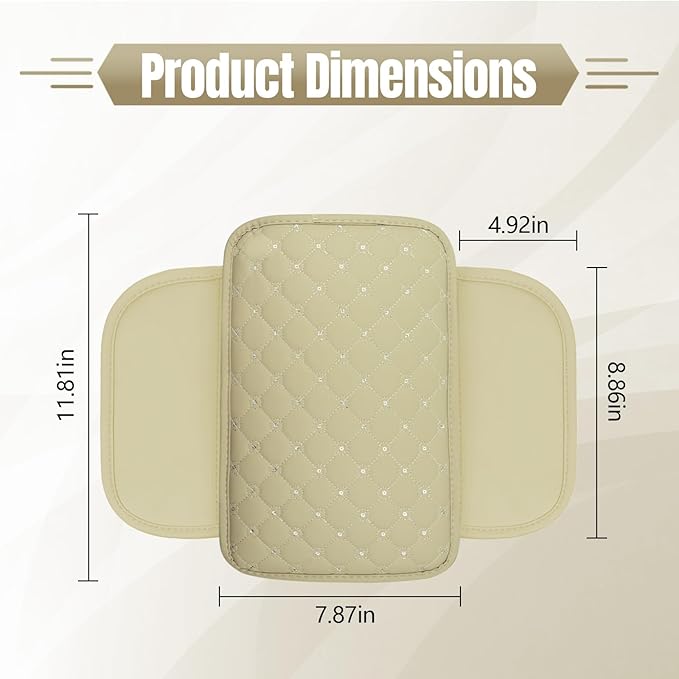 wuyaoyao Bling Car Center Console Cover, 11.81"×7.87" Leather Auto Arm Rest Cover Protector with 2 Storage Bags, Vehicle Crystal Rhinestone Armrest Cushion Pad, Interior Car Accessories (Beige)