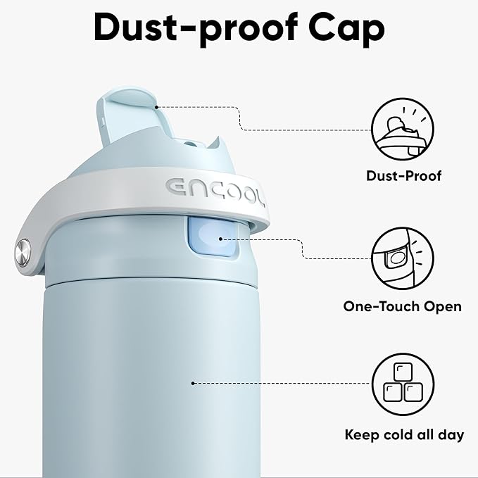 ENCOOL Leakproof Insulated Water Bottle with Straw Dual-Sip Water Bottle Bag-Safe Design for Work, Commute & Gym – Keeps Drinks Cold All Day, 32 oz, Frost Blue