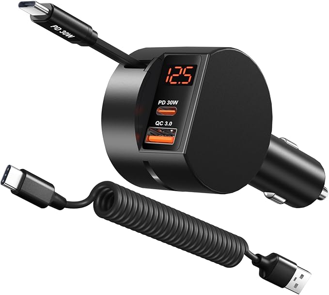 78W Retractable USB C Car Charger, OKRAY 3-Port 12v Cigarette Lighter Car Adapter with Type C PD30W Fast Charging Cord+Coiled USB C Cable for iPhone 17 Air 16 15 14 Pro Max, Samsung Galaxy S25 S24 A16
