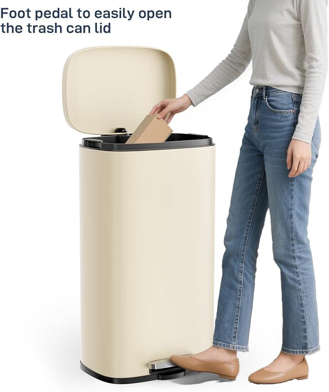 Arlopu 8/13.2 Gallon Step Trash Can, Stainless Steel Garbage Bin, Soft-Close Rubbish Bin with Removable Plastic Inner Bucket, Fingerprint-Proof, Lid Dustbin, Suit for Kitchen (Beige, 50L)