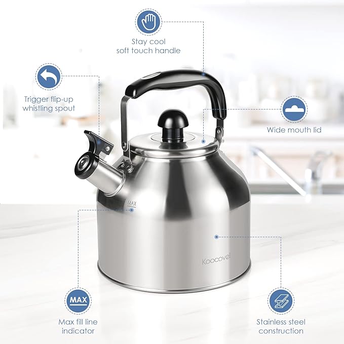 4.2 Quart/4L Large Whistling Tea Kettle, 304 Stainless Steel Brushed Satin, Fast Boil for Induction & Gas Stoves