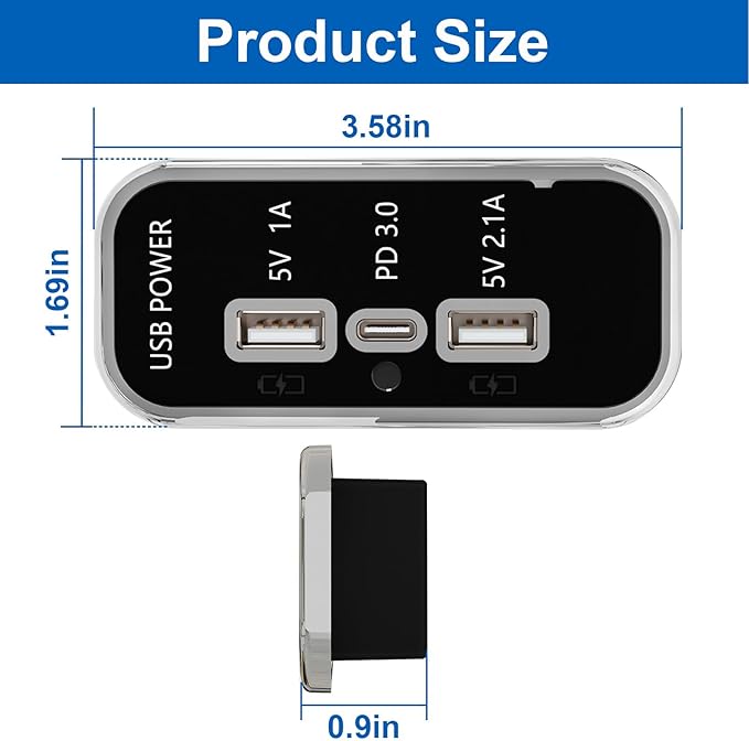 3 Ports 12V USB Outlet, 12V/24V Wall Mount Car USB Socket Charger Adapter,3.1A Dual USB A Port & PD3.0 USB C Port Charger Socket for RV Marine Boat Bus ATV Motorcycle Truck-2 Pack
