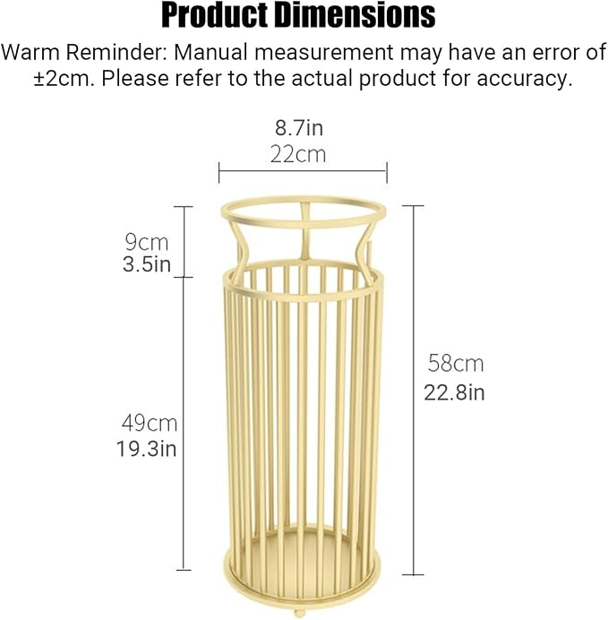 Metal Umbrella Stand with Hooks, Commercial Umbrella Holder & Storage Rack Organizer, Floor Standing Umbrella Bucket for Home, Hotel, Lobby & Entryway Decor.(Gold)