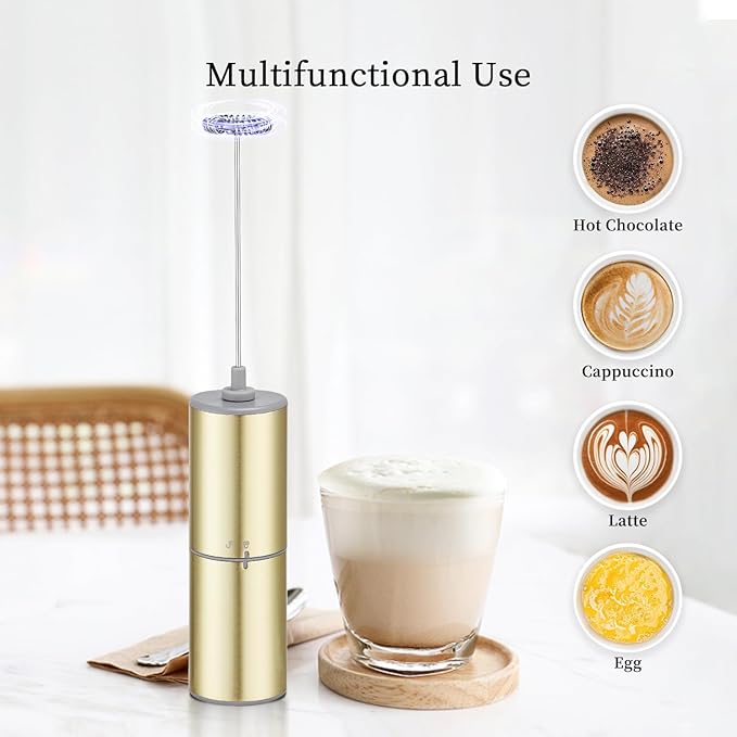 Battery Operated Coffee Frother by ELMWAY, Stainless Steel Electric Whisk, Mini Milk Frother Handled for Coffee, Latte, Matcha and Protein Powder (Gold without Stand)