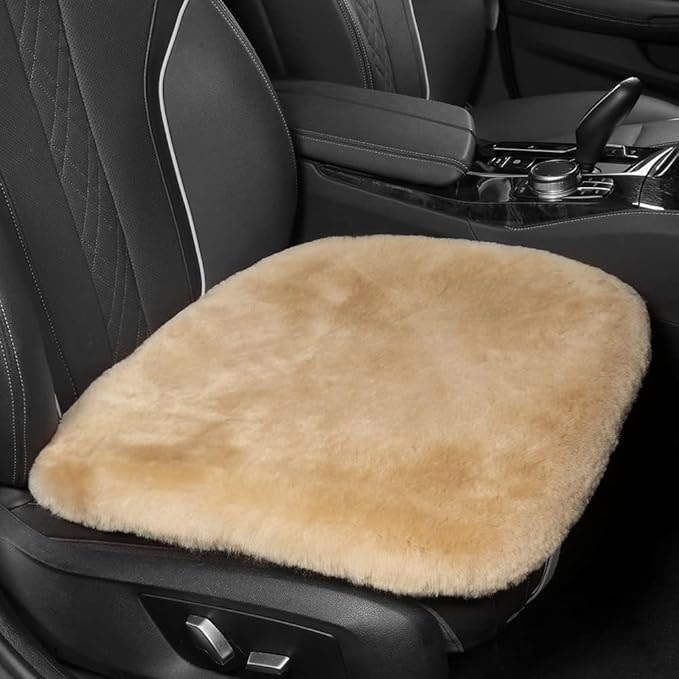 LLB Genuine Sheepskin Car Seat Cushion Seat Covers for Cars Trucks SUV Comfort Seat Protector Pad for Car Driver Seat Car Accessories for Women Office Chair Car Decor (Khaki, Front Seat Cushion-1 Pc)