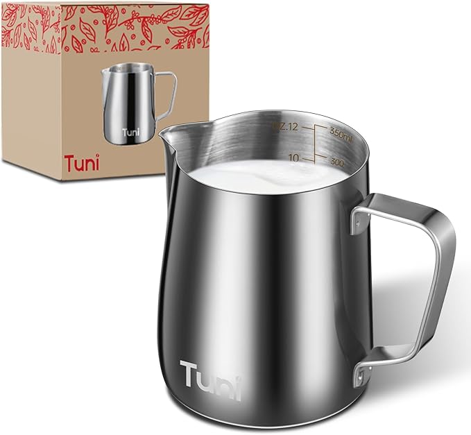 Tuni Milk Frothing Pitcher, 12oz/350ml Stainless Steel Milk Jug Steaming Cup, Milk Coffee Cappuccino Latte Art Steam Creamer Frother Pitcher